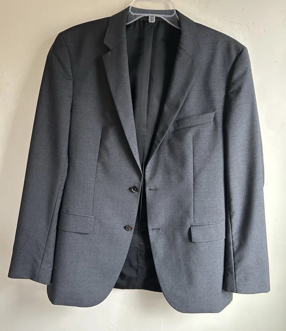Hugo Boss Mens 40L Gray Virgin Wool Blazer Sport Coat Jacket 2 Button Long